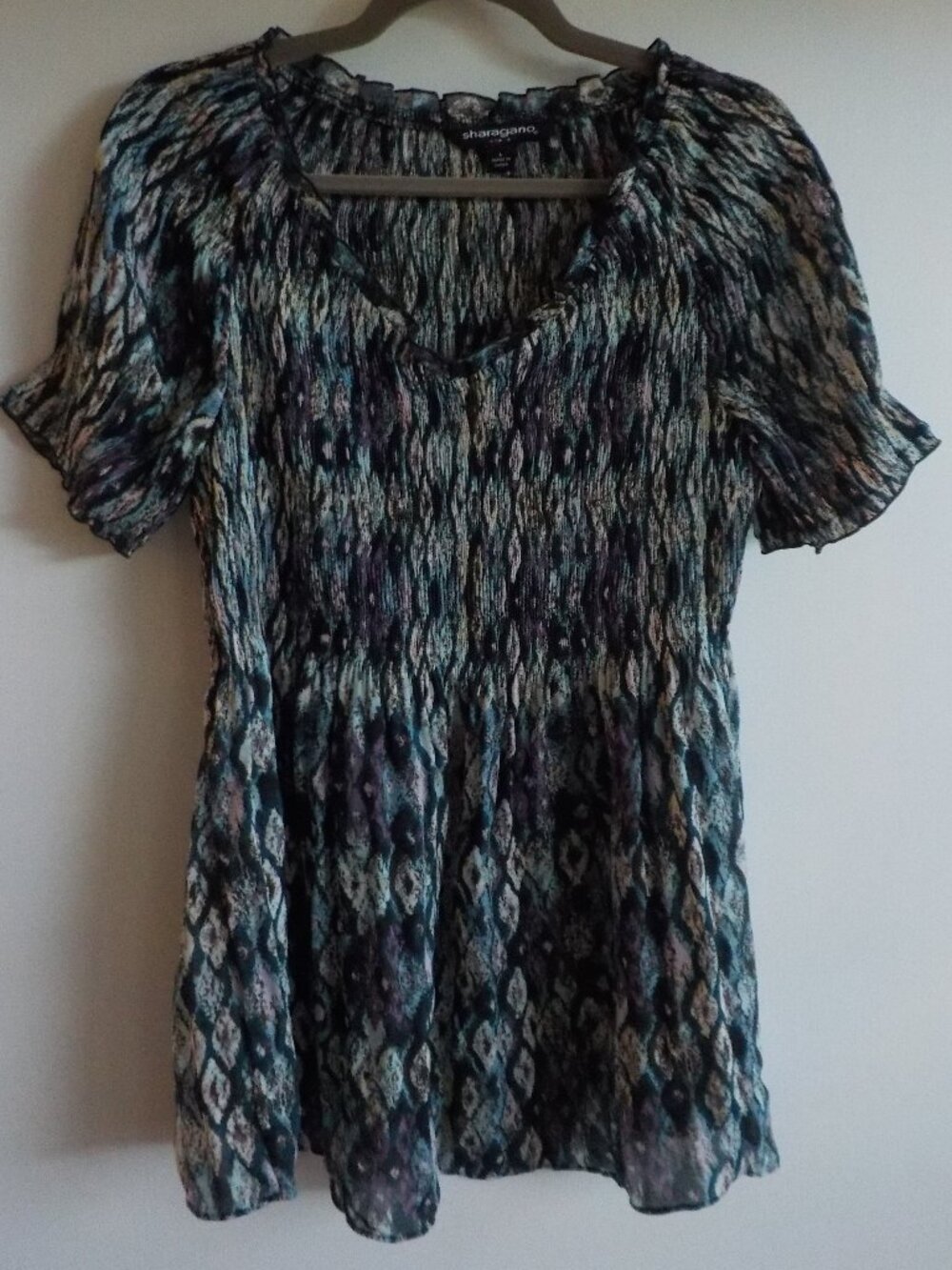 Sharagano Blouse - Large - Multicolor Short Sleeve Smocking Boho (920)